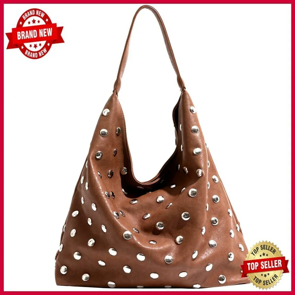 Large Vegan Leather Studded Hobo Bag with Shoulder Strap Tote Purse